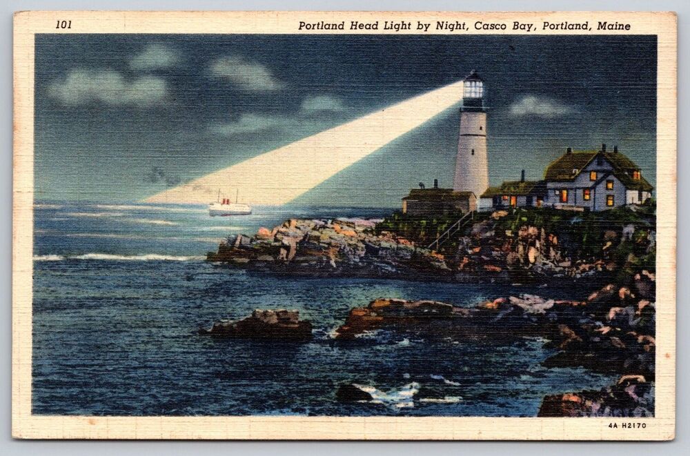 1941 Postcard Portland Head Light by Night Maine Linen Lighthouse WWII Era